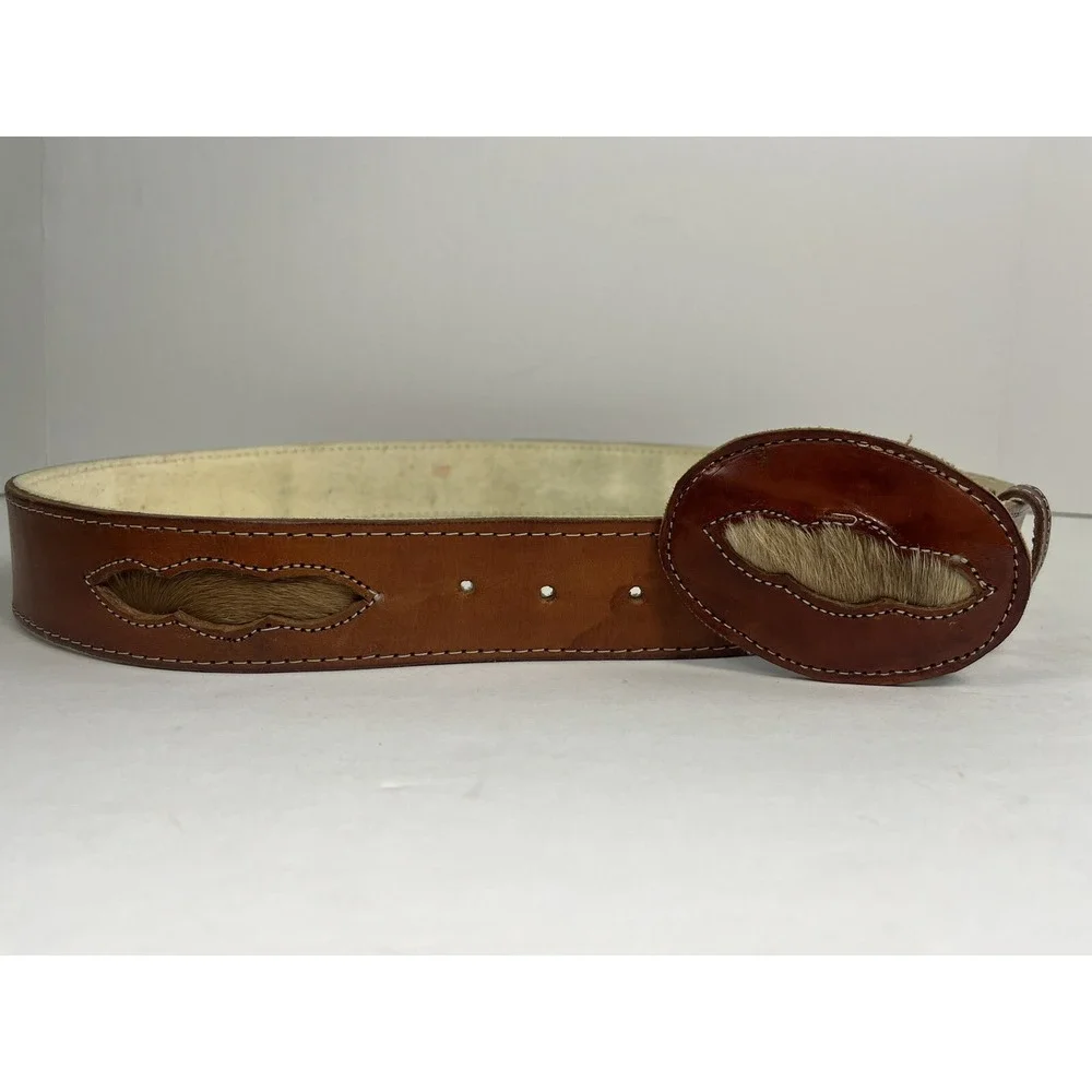 Brown Leather Belt w/ Fur Calf Hair Western Style Large 1 7/8